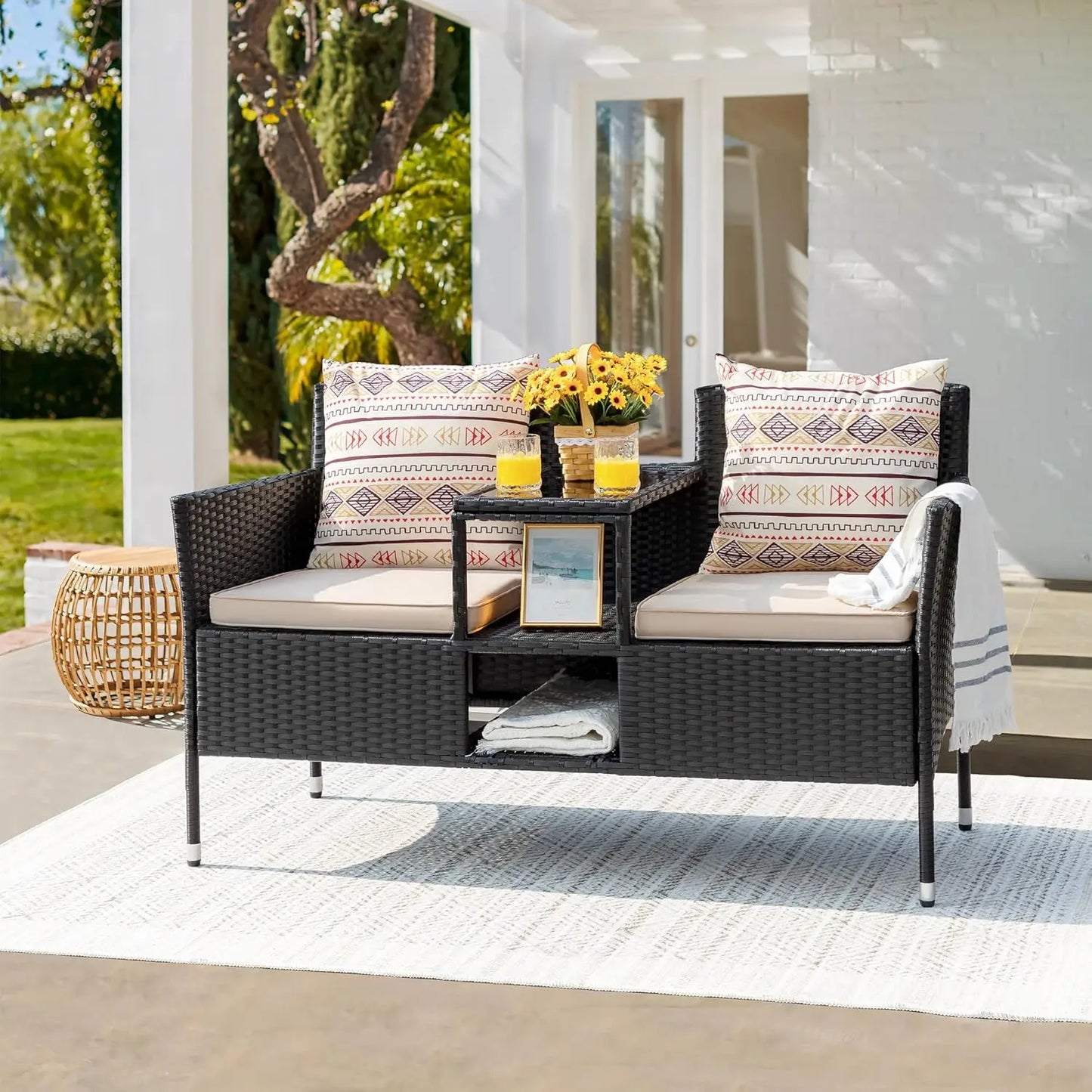 Modern Rattan 2 Seat Patio Conversation Set With Cushions