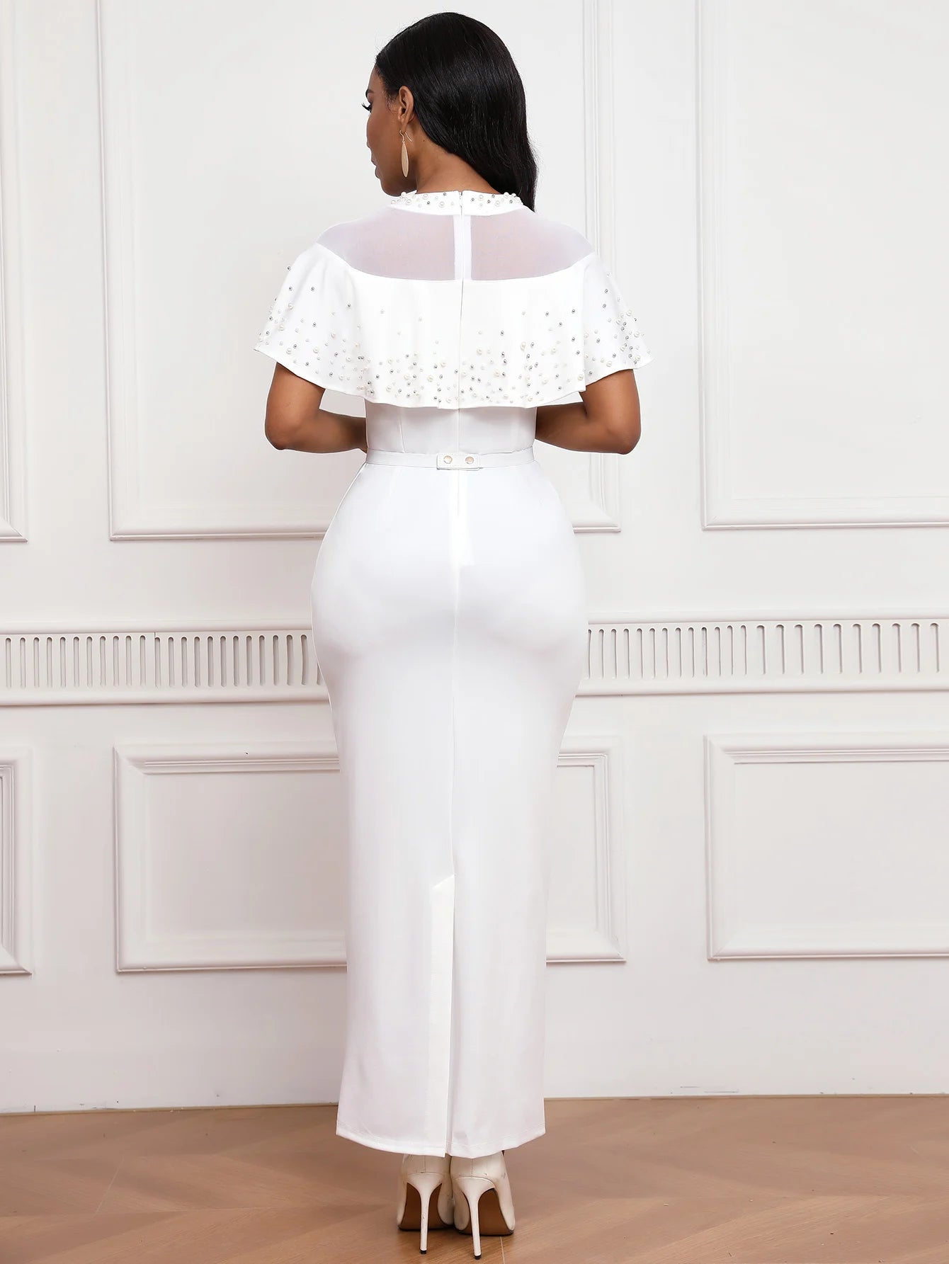 MSHIGHBEAUTY Elastic Banquet Dress With Beaded Tulle Shawl Sleeves Belted