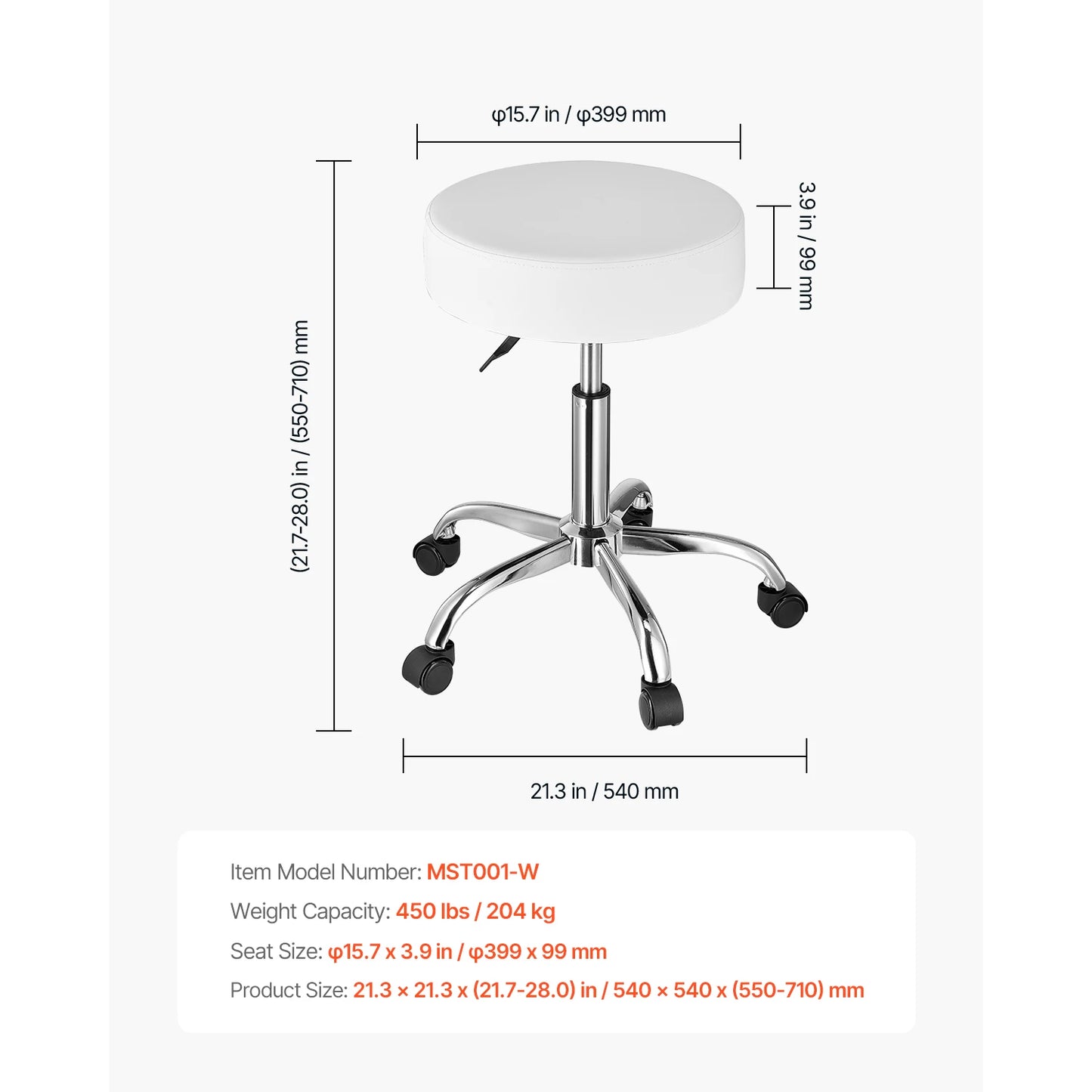 SucceBuy Round Rolling Stool Height Adjustable 450 Lbs Capacity