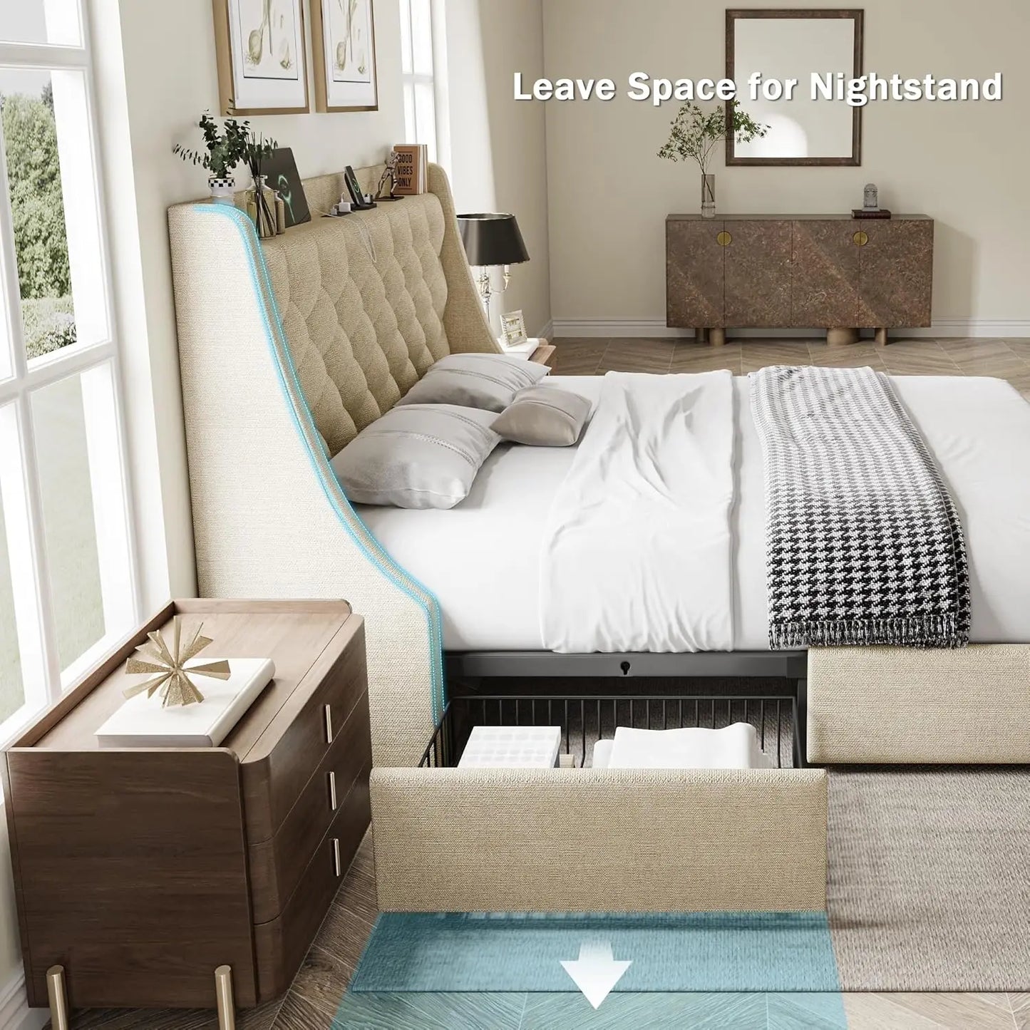 King Size Bed Frame with 4 Storage Drawers, Upholstered Wingback Headboard, Fast Charging Station