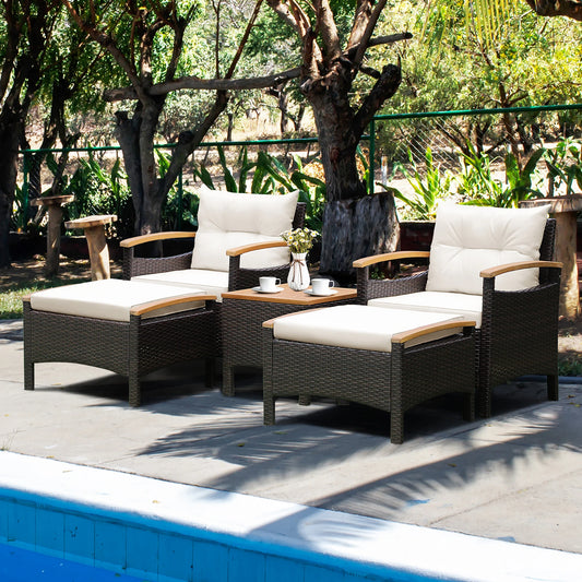 5-Piece Outdoor Patio Rattan Conversation Set with Cushions & Acacia Wood
