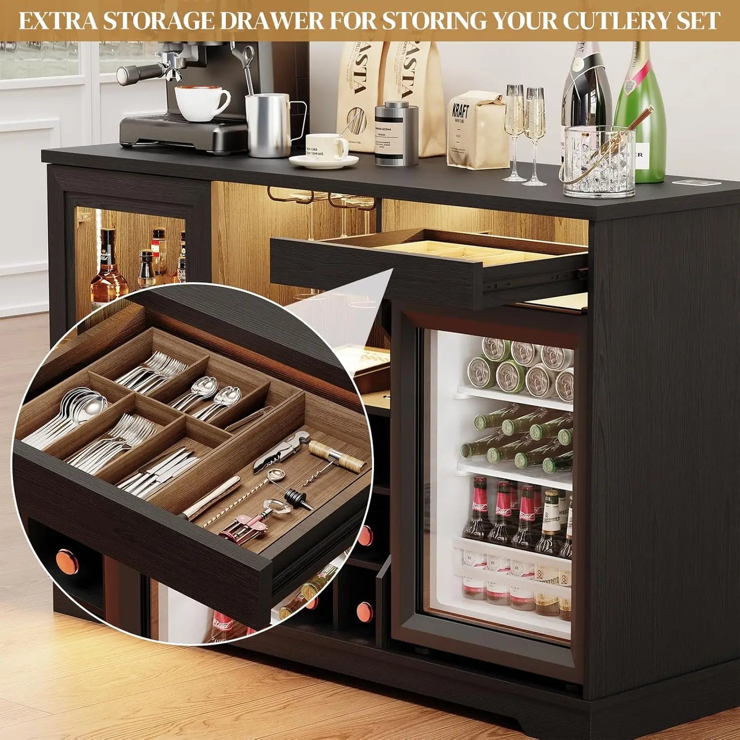 Wine Bar Cabinet With Fridge Included And LED Lights