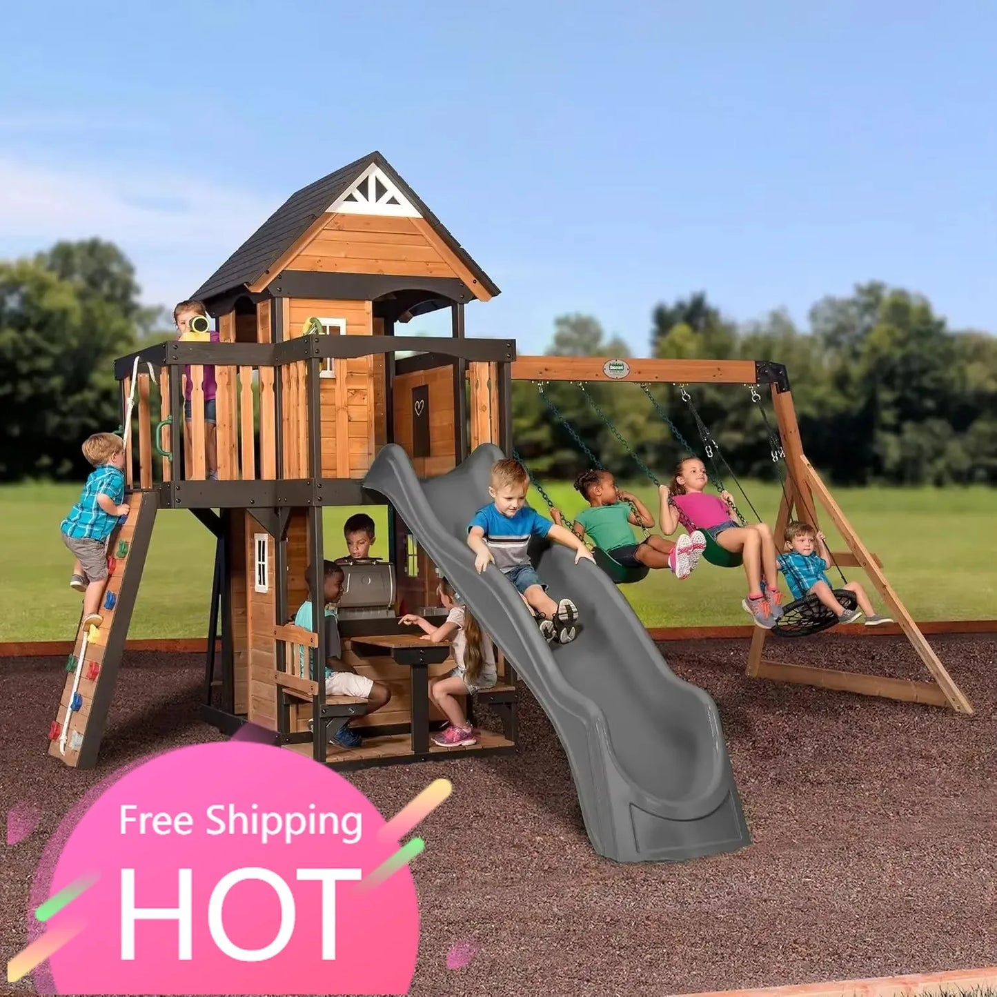 Canyon Creek Cedar Wood Swing Set With Wave Slide Playhouse