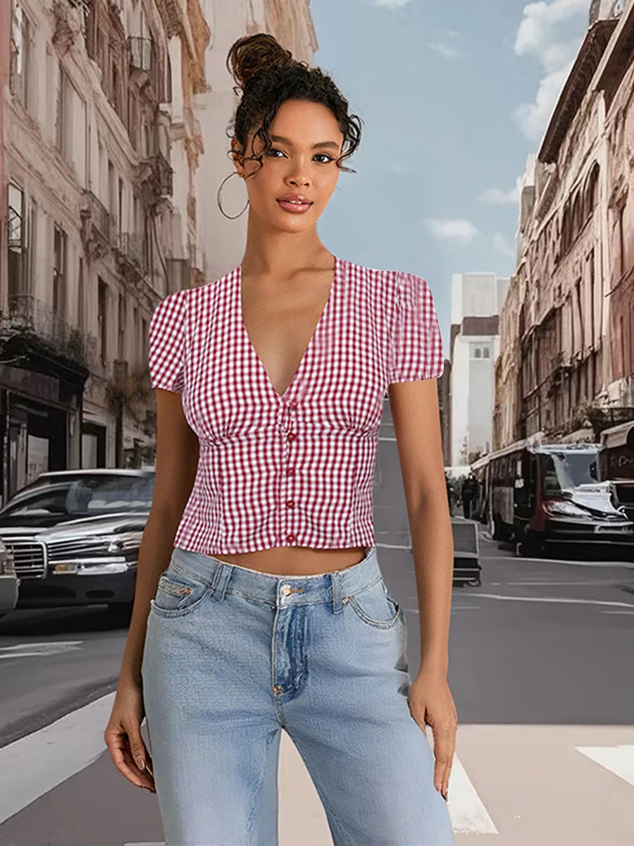 Checkered Print Blouse Crop Top