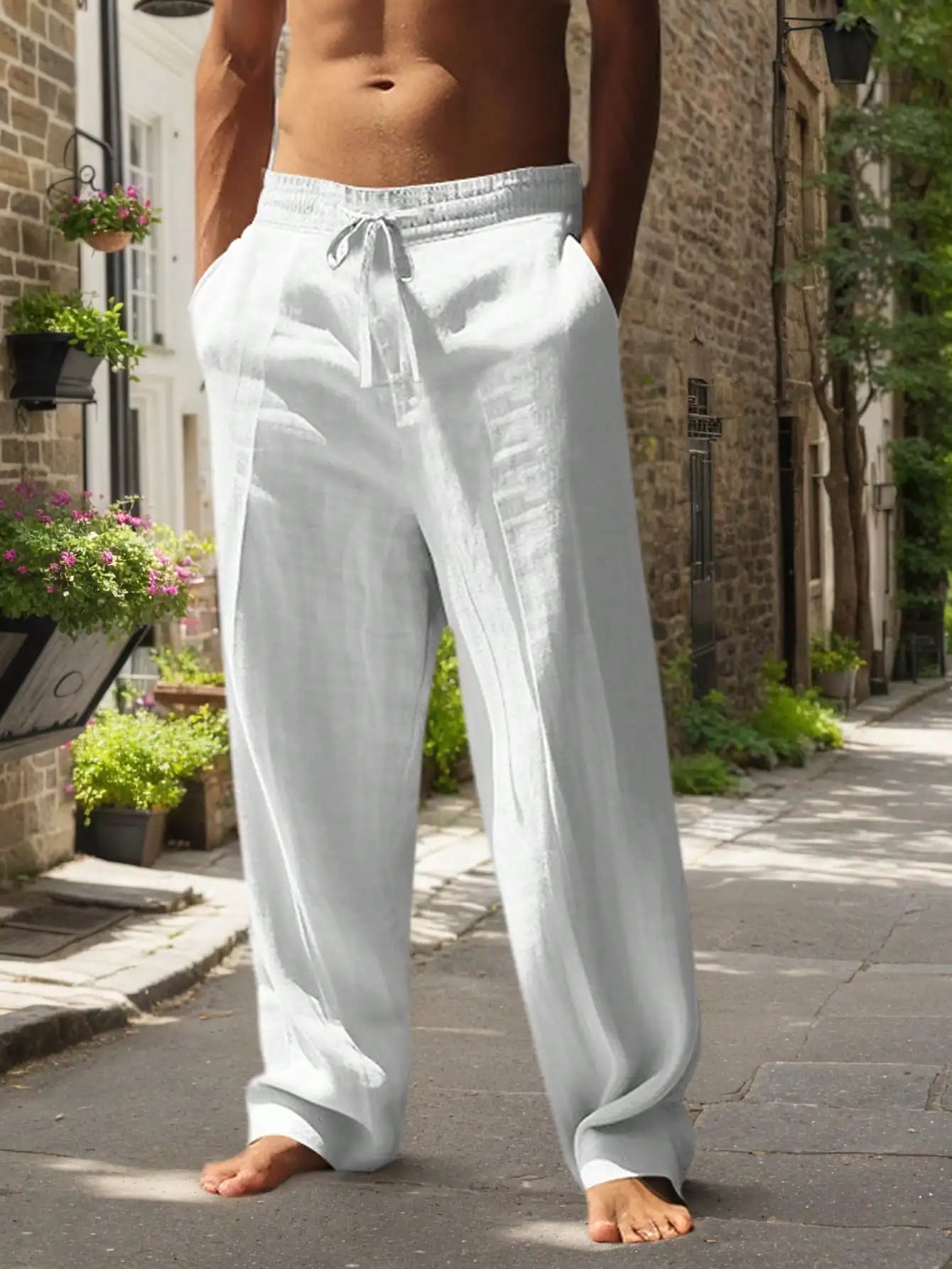 Men Linen Wide Leg Casual Pants Lightweight Breathable Trousers