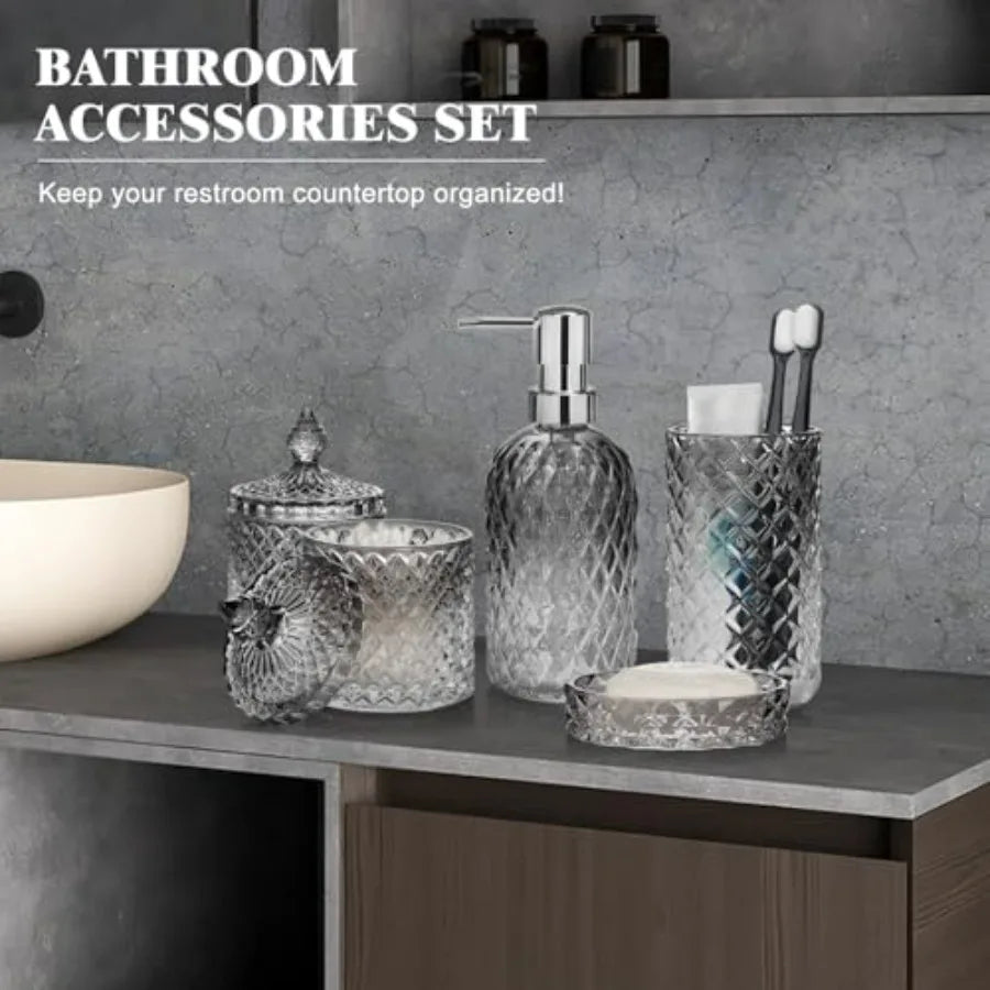 Glass Bathroom Accessories Set 5 Piece With Durable Modern Design