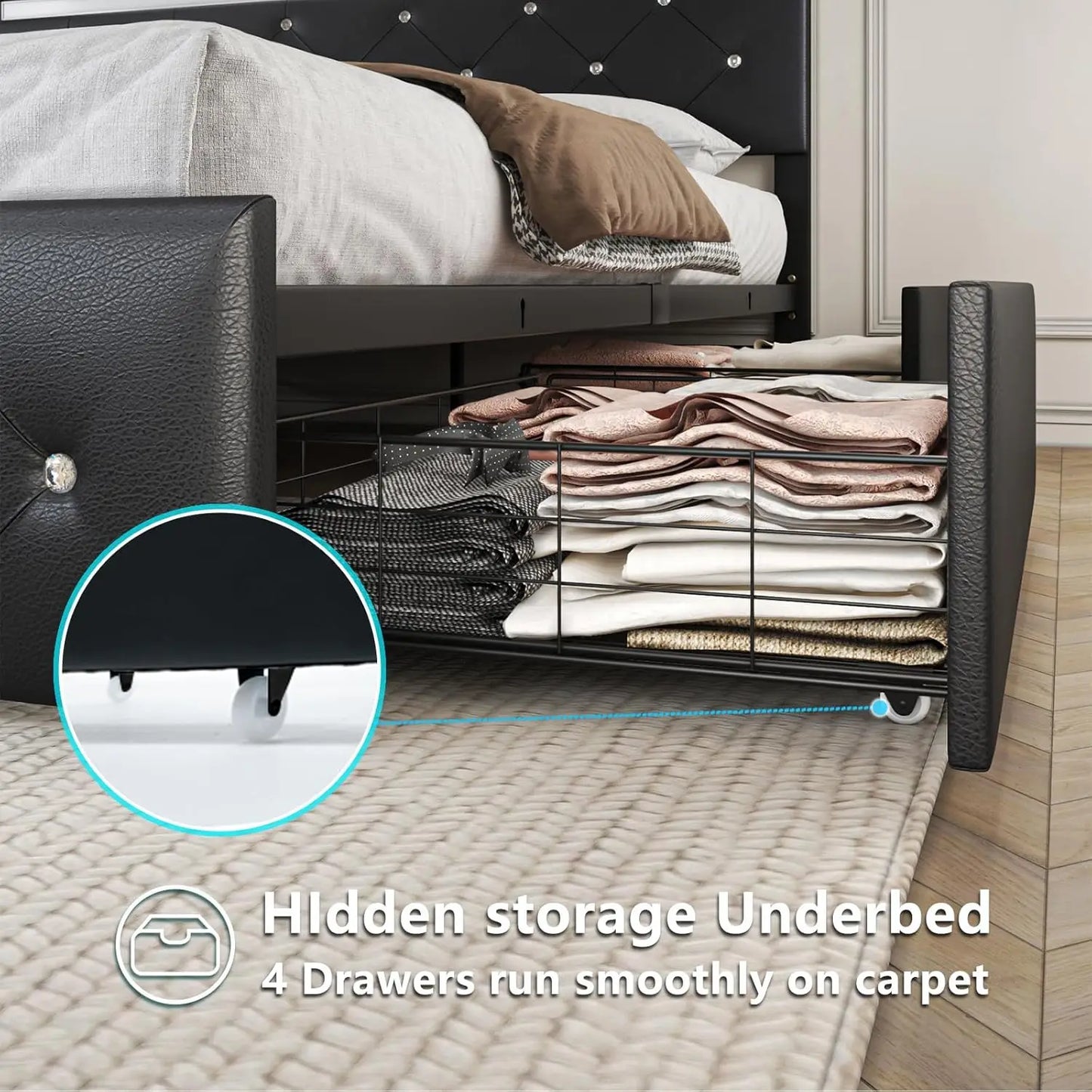 Queen Size Bed Frame with LED Light and Storage Drawers