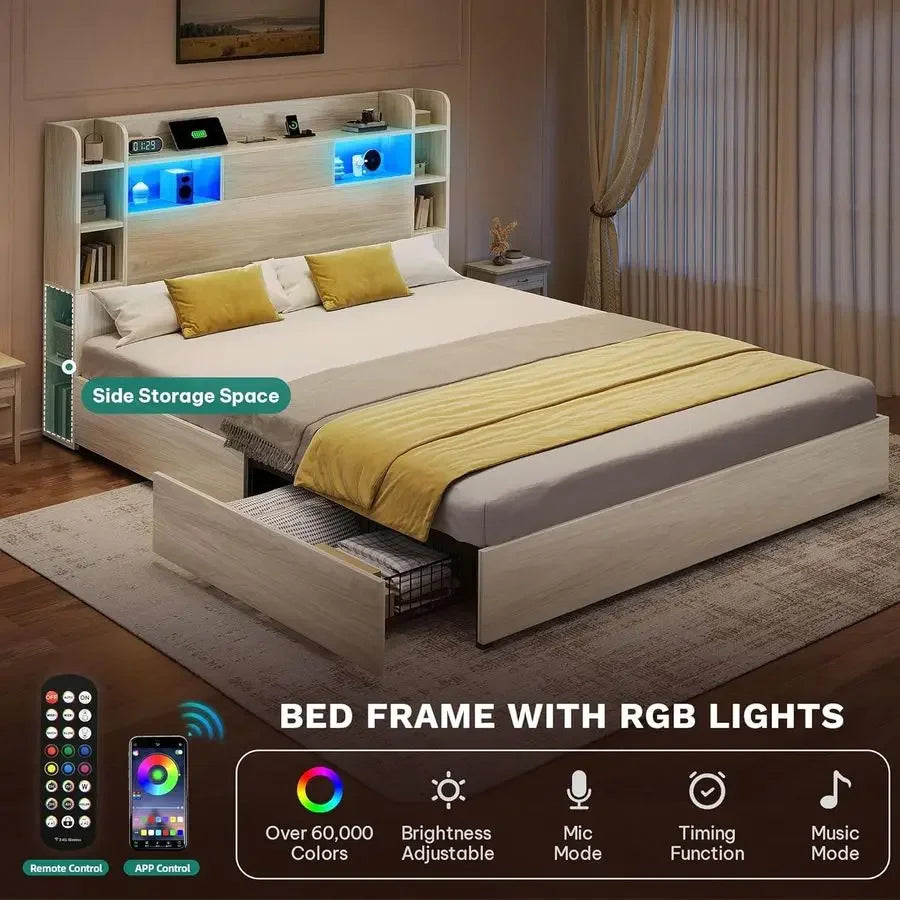 Storage Bookcase Headboard Bed Frame With 4 Drawers