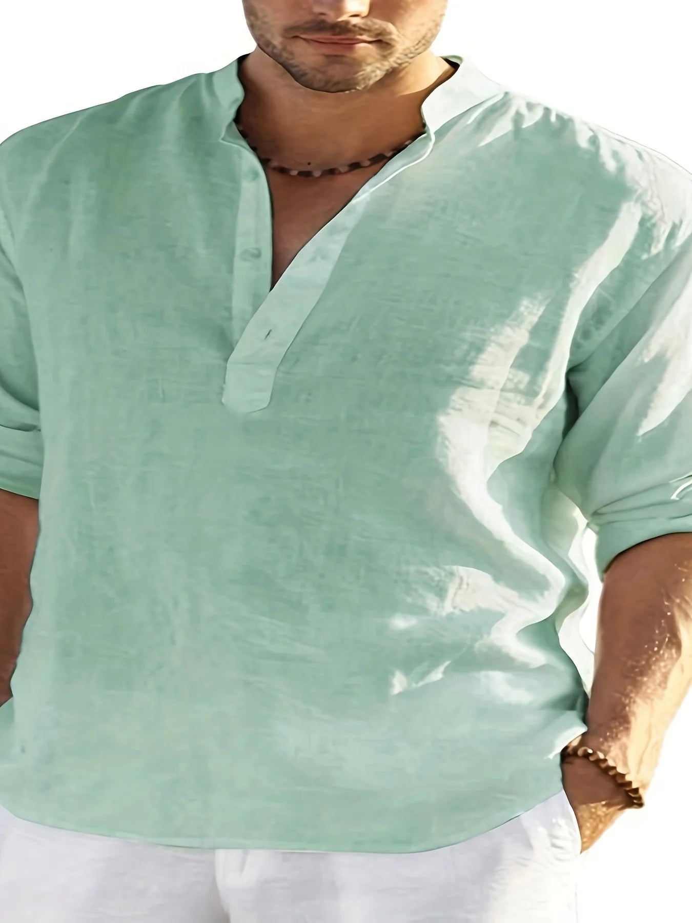 Men's Cotton Linen Stand Collar Long Sleeve Shirt Loose Fit