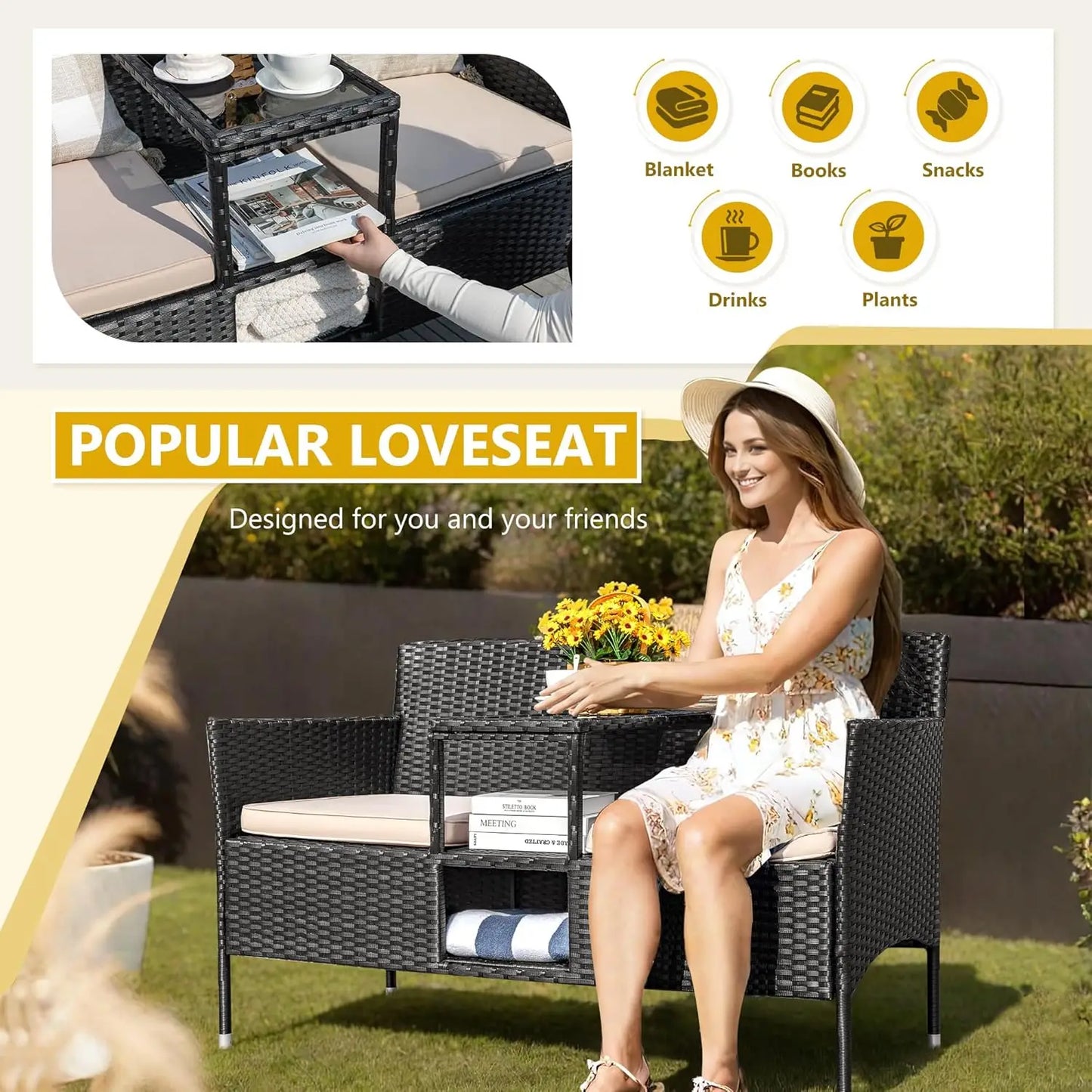 Modern Rattan 2 Seat Patio Conversation Set With Cushions