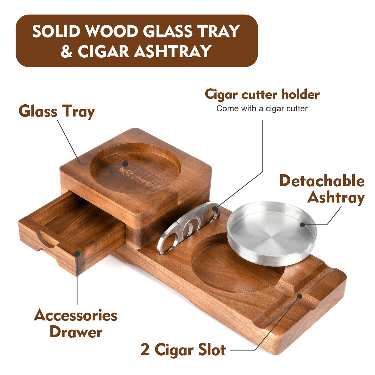 Scotte Ashtray Coaster And Wooden Tray With Drawer And Cutter