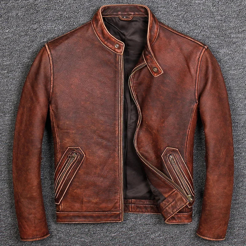 Genuine Leather Vintage Thin Sheepskin  or Thick Cowhide Coat For Men