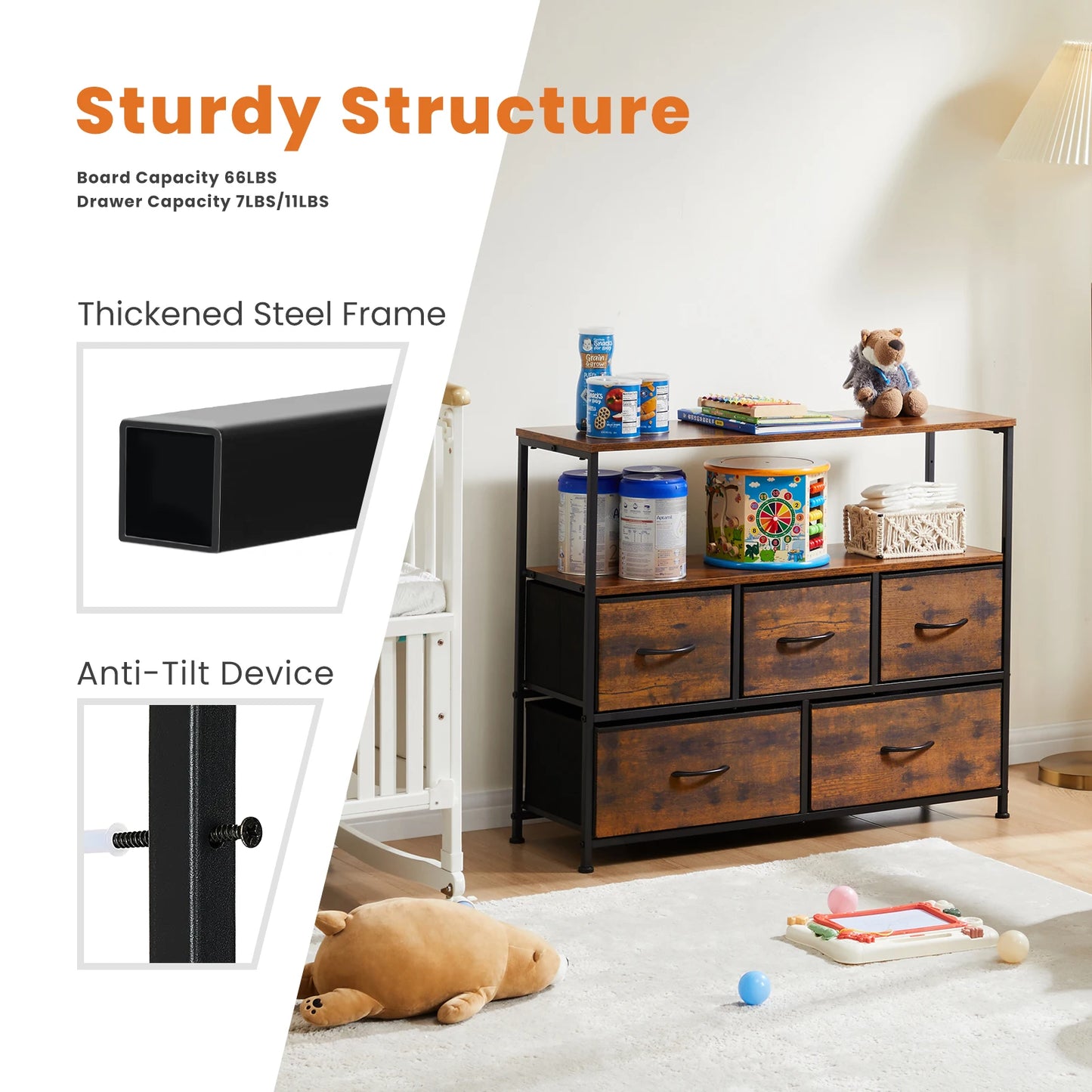 Shoe Cabinet Dresser With Five Fabric Drawers For Home