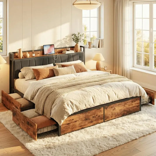 King Platform Bed Frame With 4 Storage Drawers And Headboard