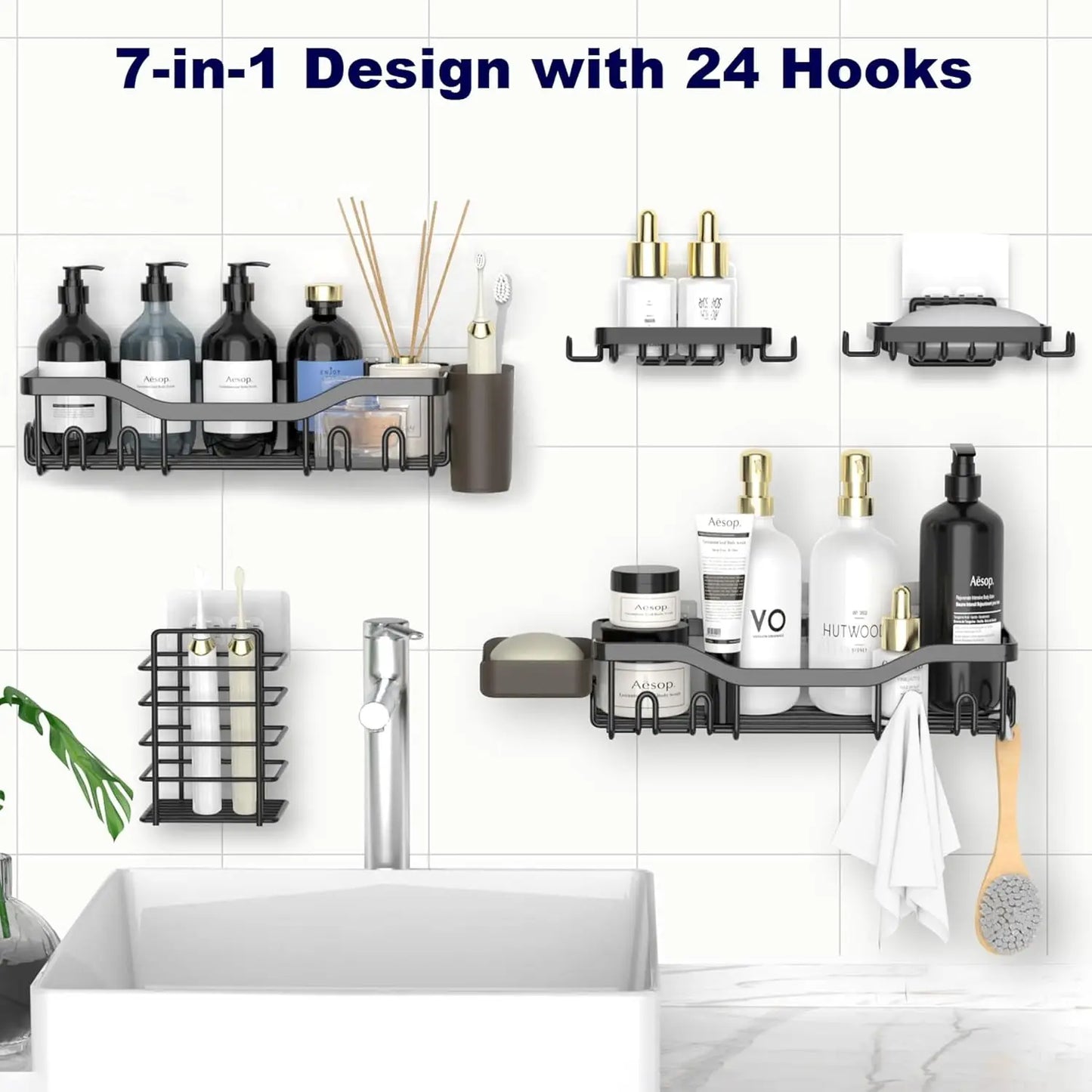 Rustproof Stainless Steel Shower Caddy Seven Pack Wall Organizer