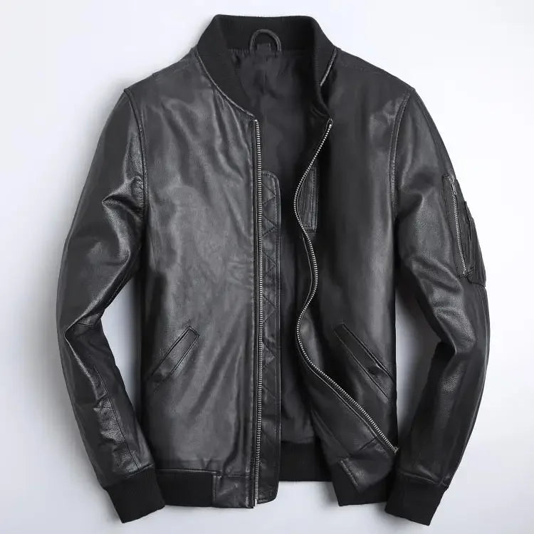 Leather Bomber Coat For Men With Zipper Front Pockets Cotton Lining