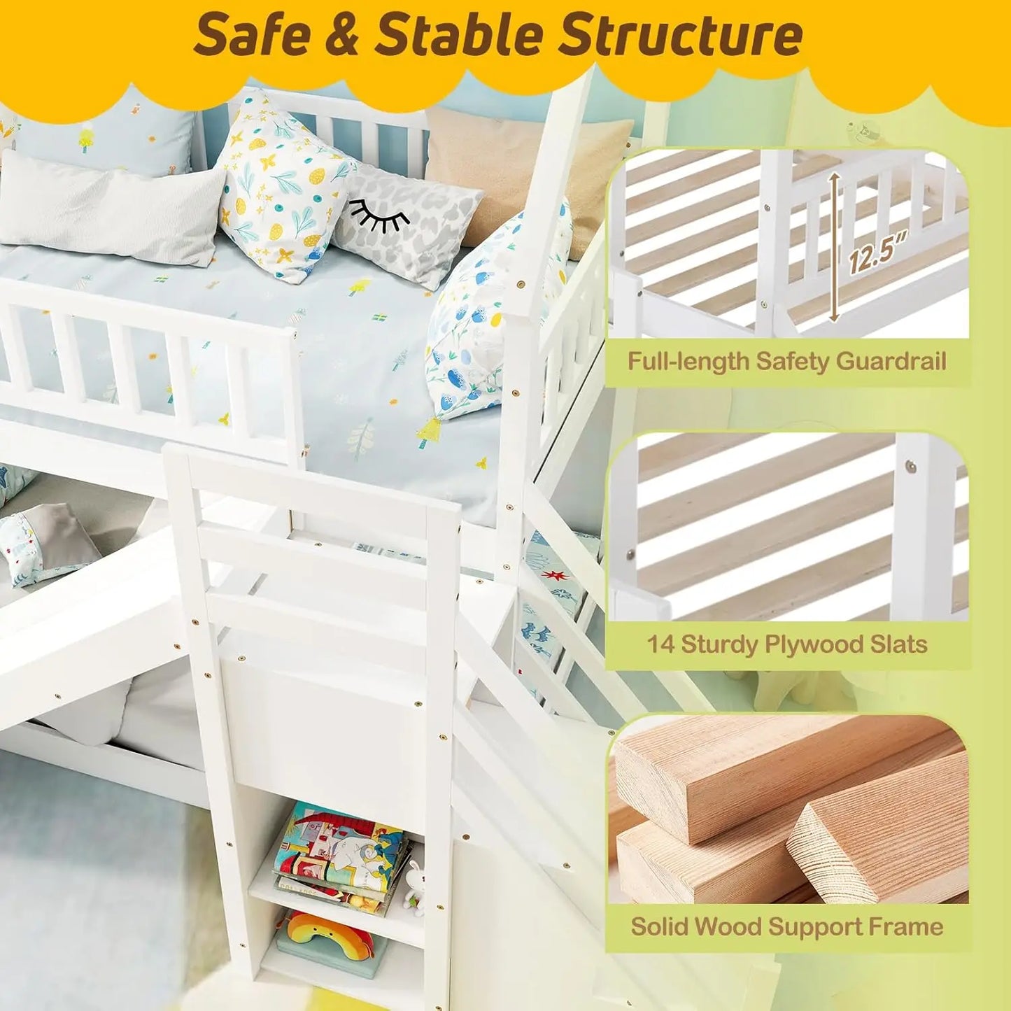 Wood Twin Over Twin House  Bunk Bed with Slide & Staircase