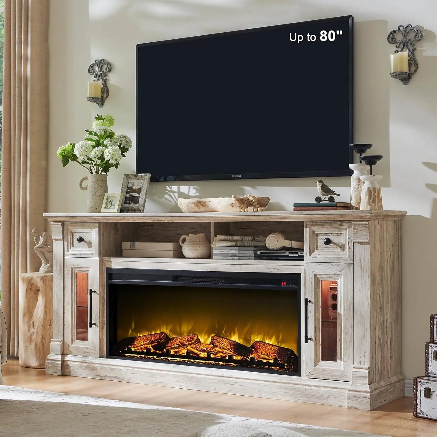 Farmhouse Entertainment Center With Electric Fireplace And LED Lights