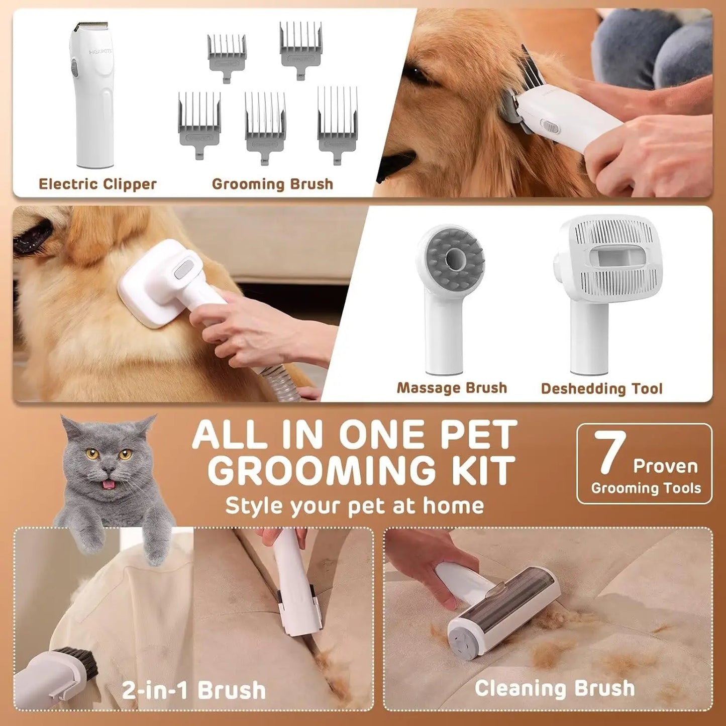 Pet Grooming Vacuum Kit With 7 Tools For Quiet Cleaning
