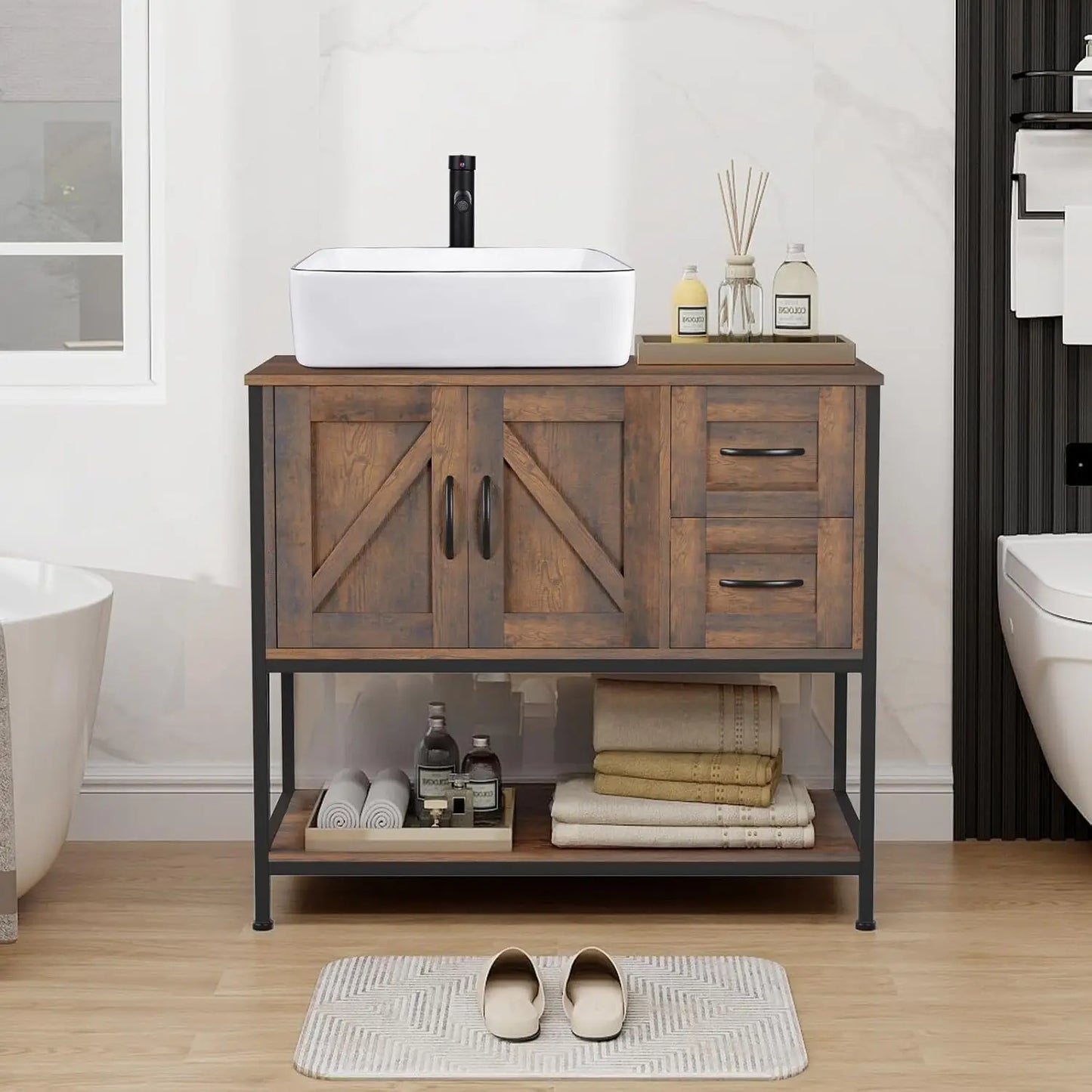 Rustic Farmhouse Vanity With Vessel Sink Cabinet Set