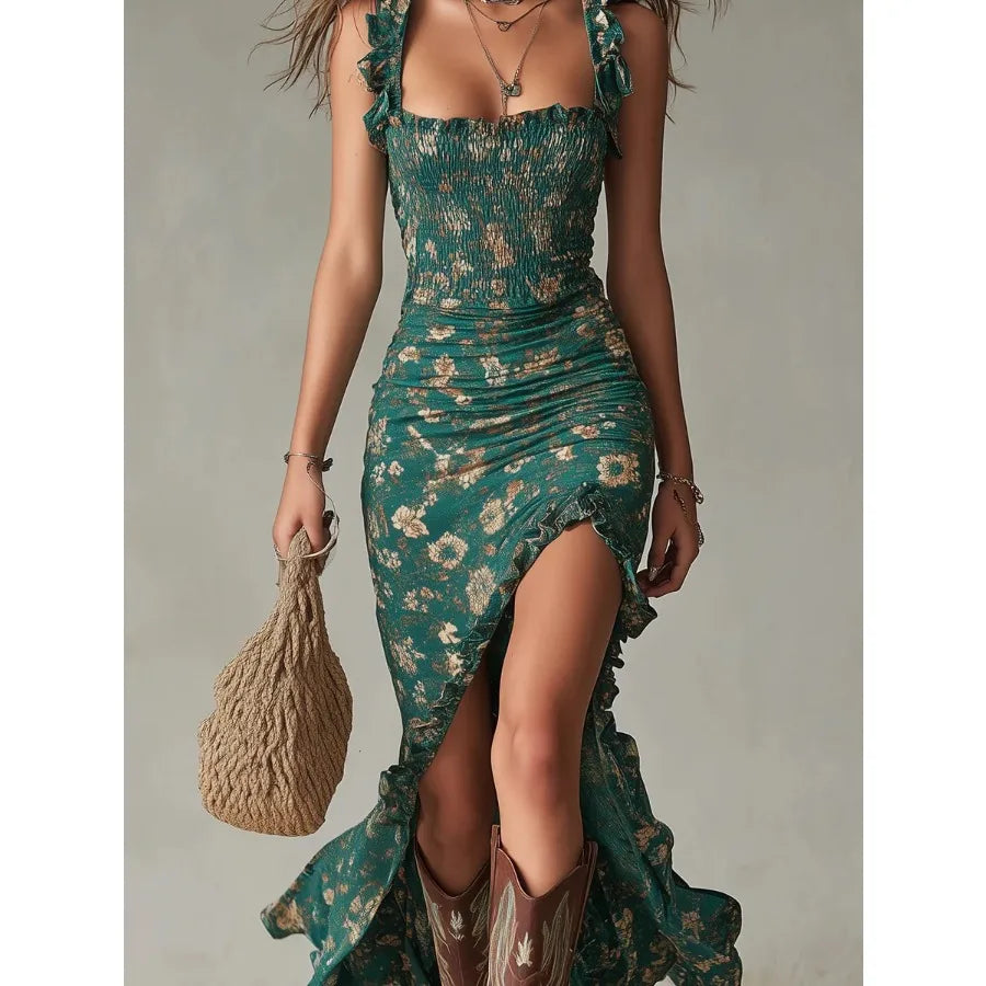 Summer Floral Print Waist Slimming Wide Skirt Dress