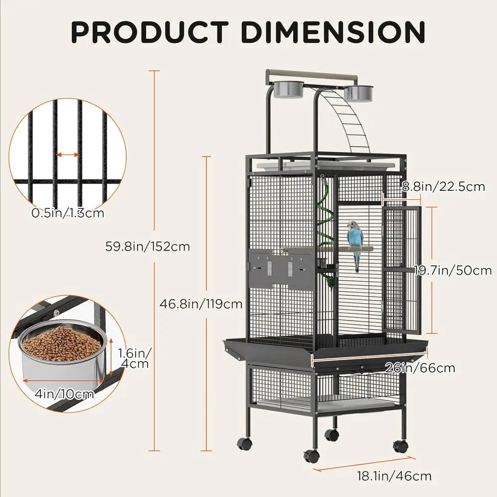 NONEM Bird Cage With Rolling Stand And Stainless Feeding Bowls