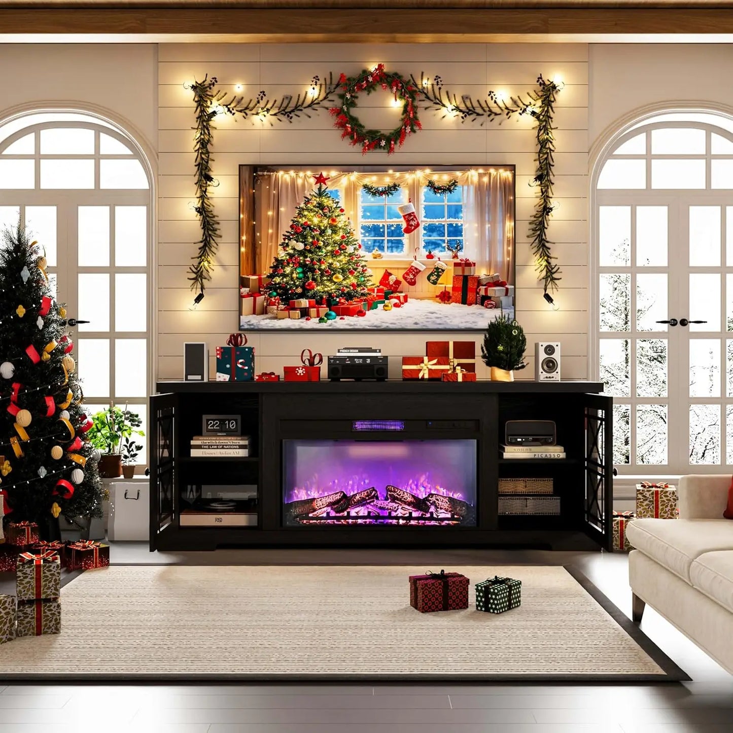 Farmhouse TV Stand Console With Remote LED Lighting