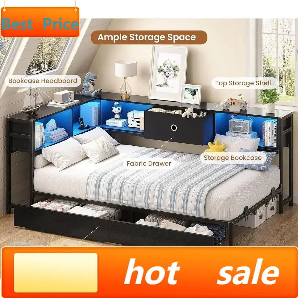 Metal Platform Bed With Storage Drawers Bookcase Charging Station LED