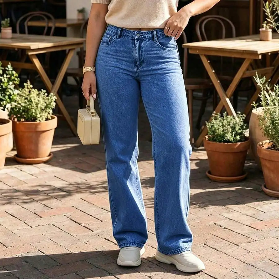 Women's Mid Rise Straight Leg Denim Jeans Loose Fit