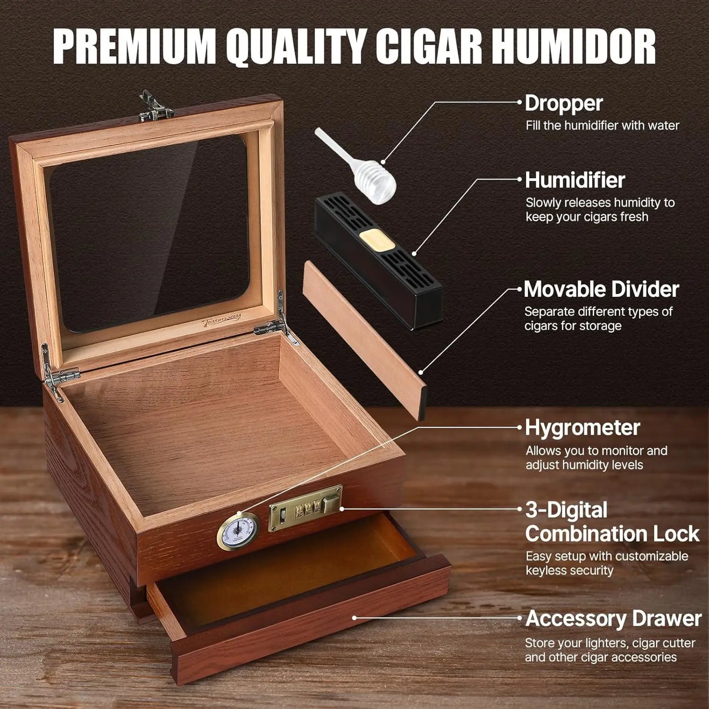 Tesonway Cedar Wood Desktop Cigar Humidor With Front Hygrometer