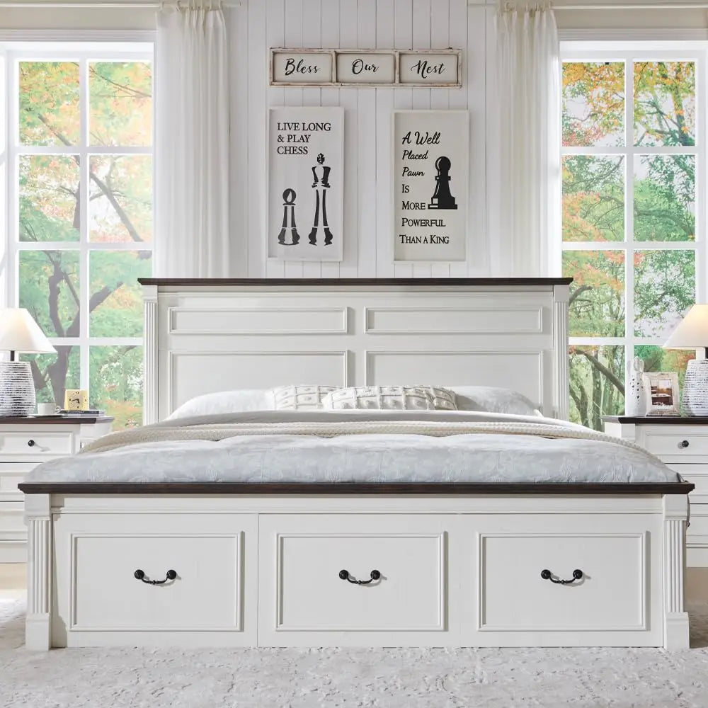Farmhouse Platform Bed Frame With Storage Drawers