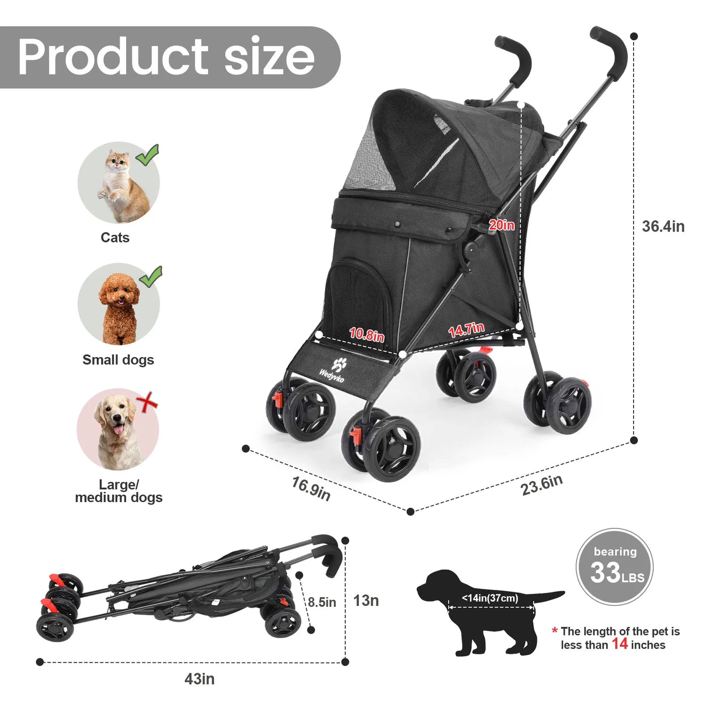 Wedyvko Pet Dog Stroller With Brakes And Storage Travel