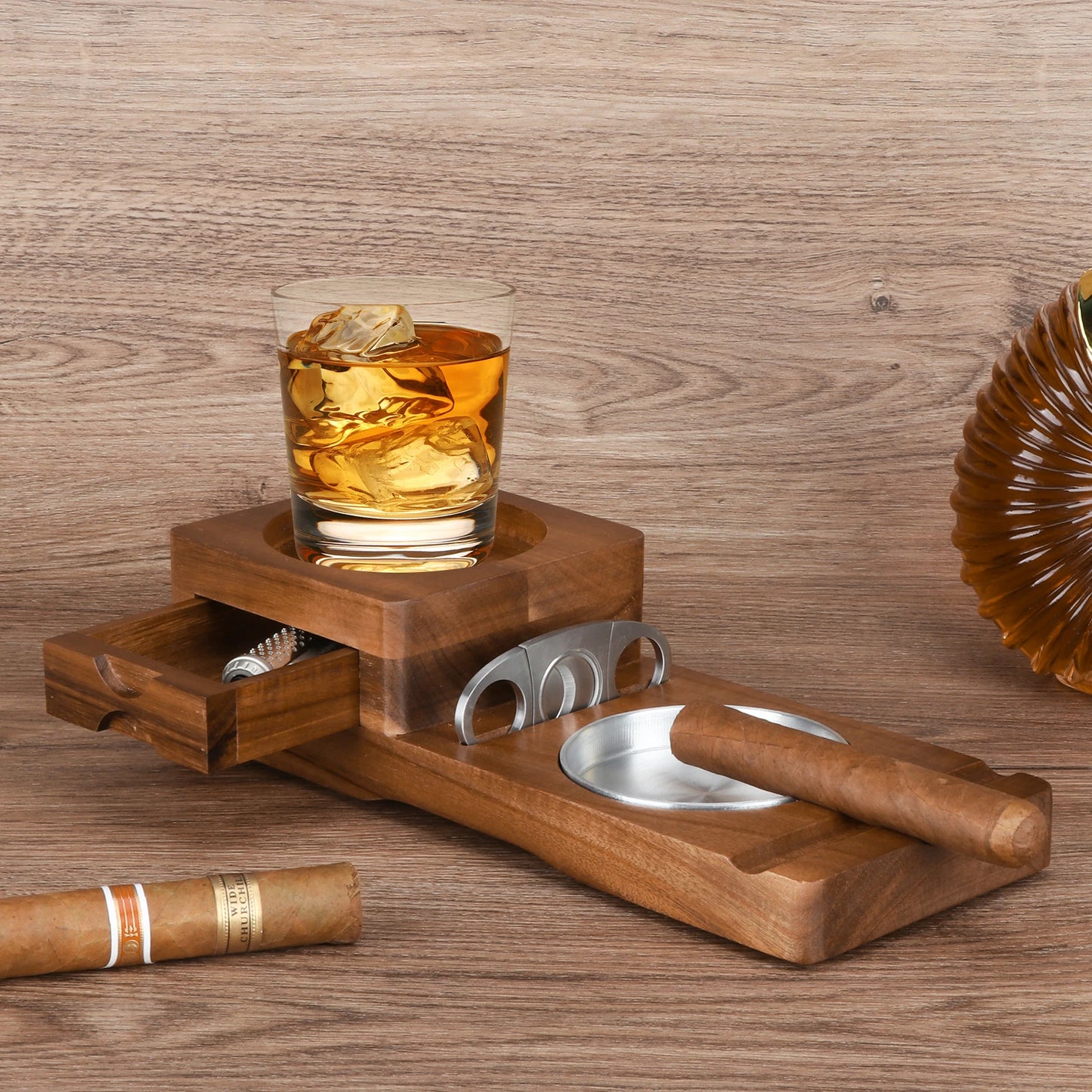 Scotte Ashtray Coaster And Wooden Tray With Drawer And Cutter