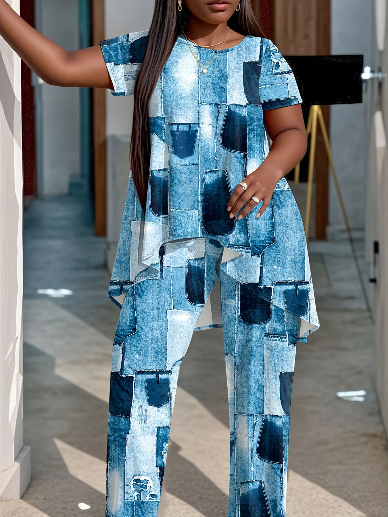 American Fashion 2 Piece Set Short Sleeve Crew Neck Top