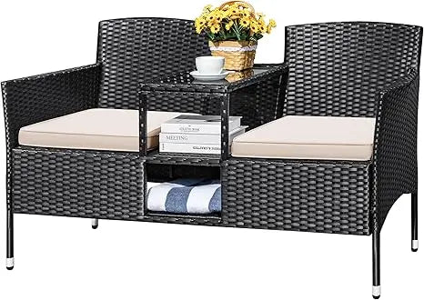 Modern Rattan 2 Seat Patio Conversation Set With Cushions