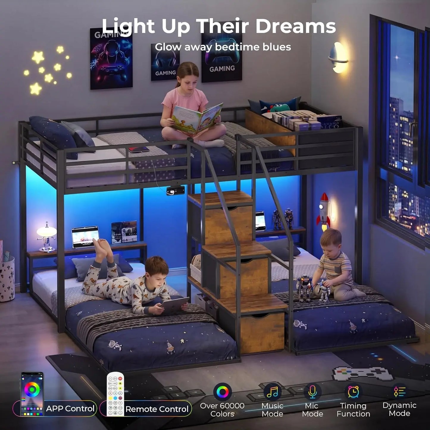 Triple Bunk Bed With Storage Staircase RGB Lights Charging Station