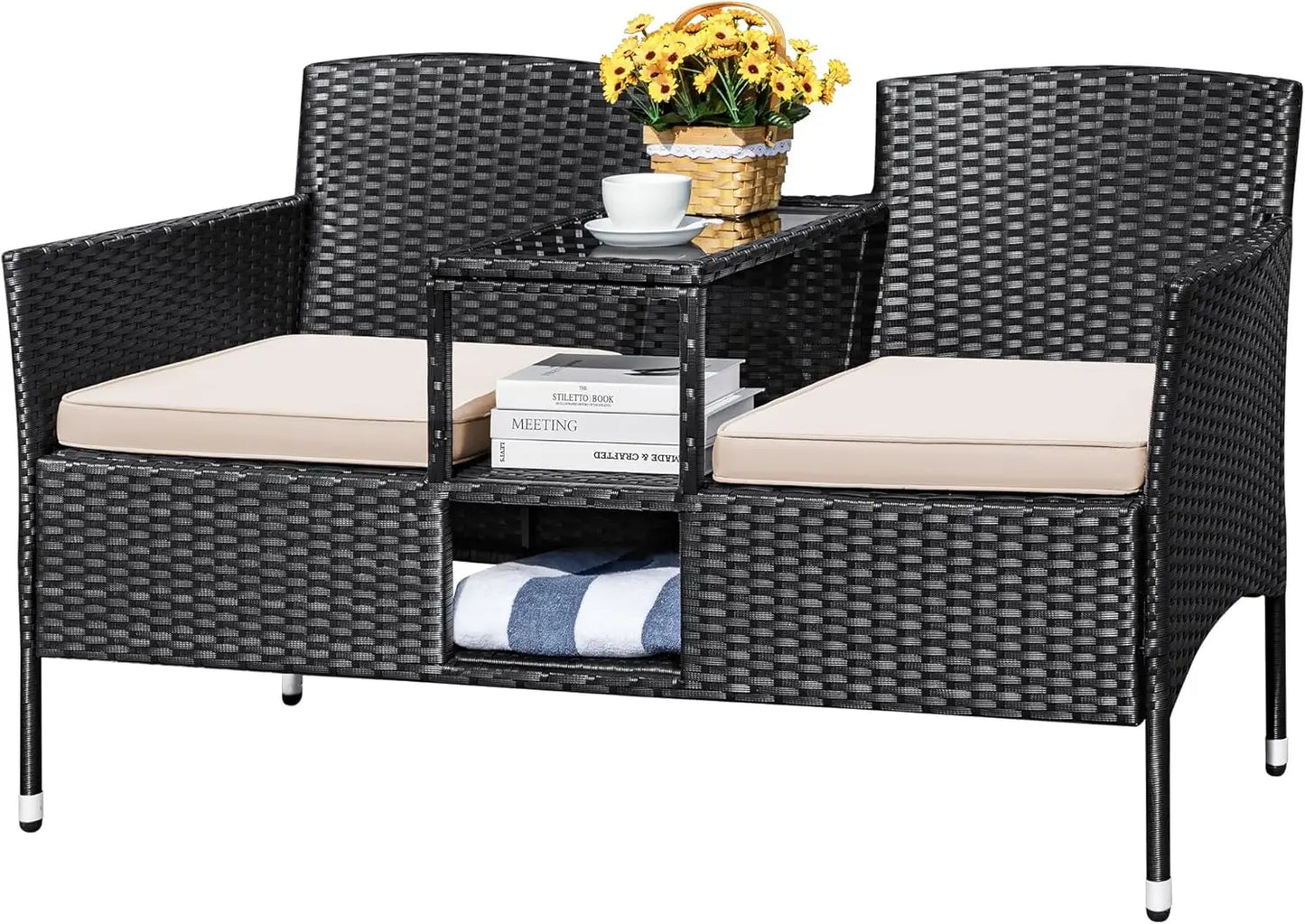 Modern Rattan 2 Seat Patio Conversation Set With Cushions