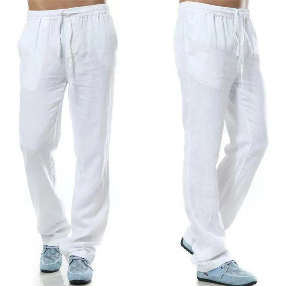 Men's Cotton Linen Pants Autumn Breathable Flat Front Trousers