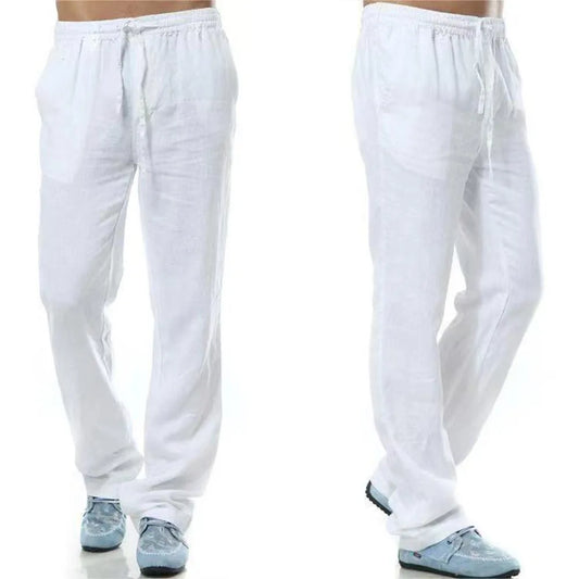 Men's Cotton Linen Pants Autumn Breathable Flat Front Trousers