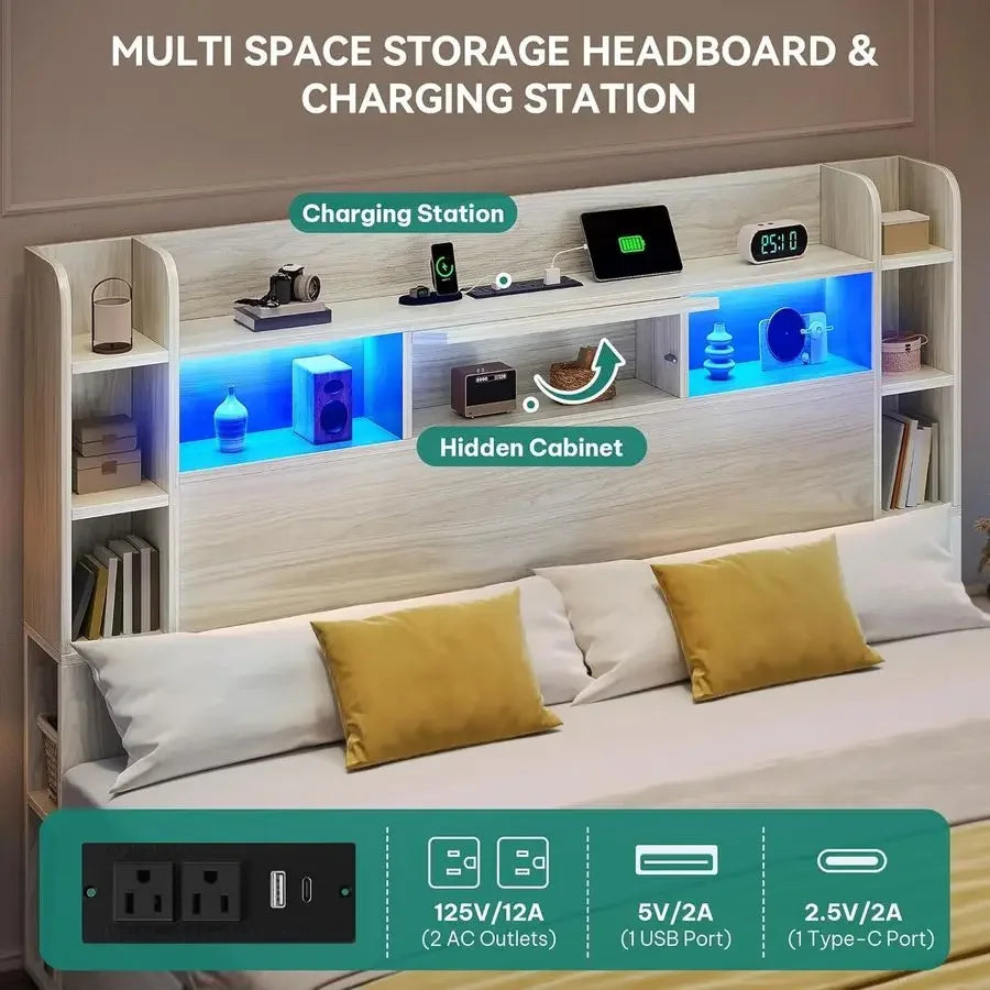 Storage Bookcase Headboard Bed Frame With 4 Drawers