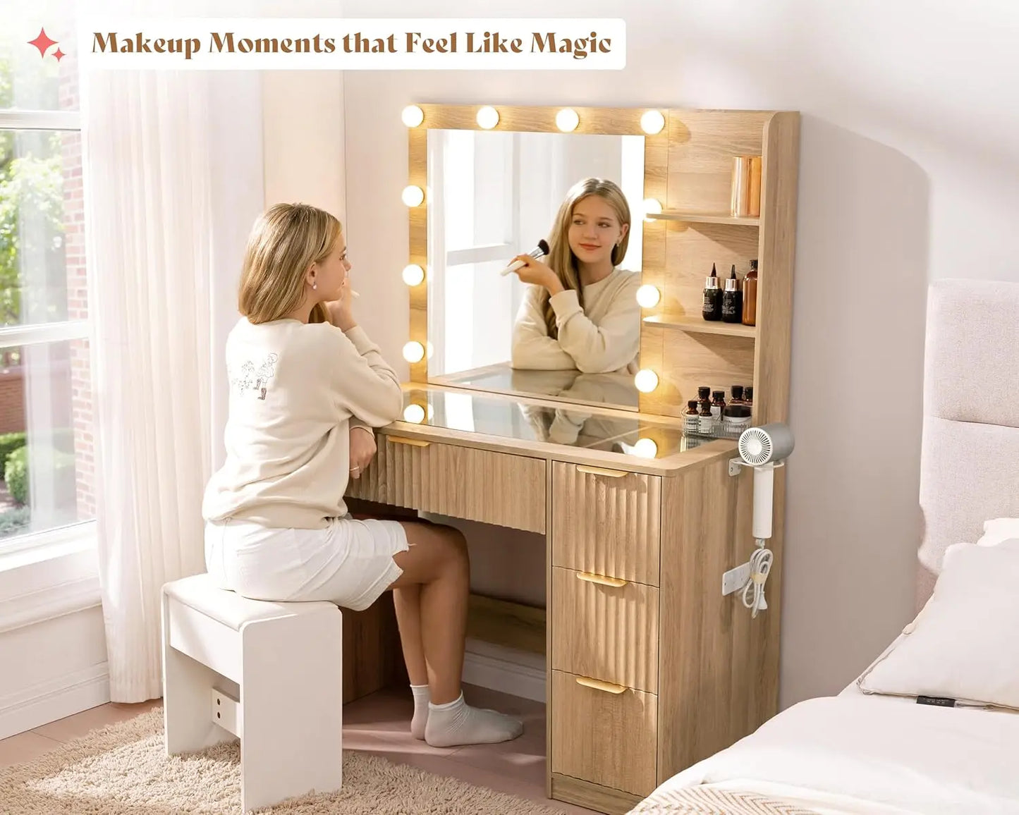 Fluted Vanity Desk With Mirror And Adjustable LED Lights