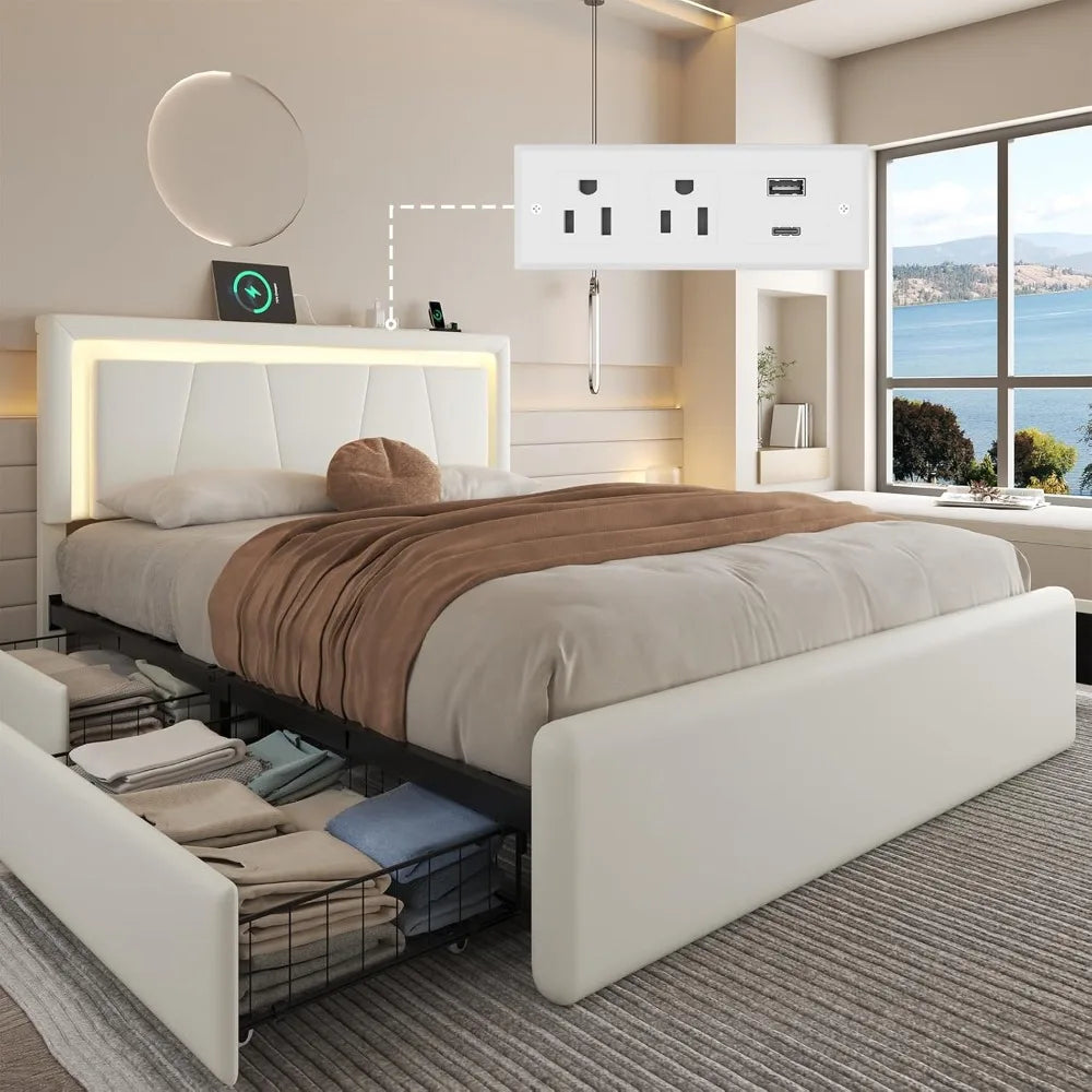 Full Size Metal Bed Frame with 4 Storage Drawers Adjustable Headboard Built-in Charging