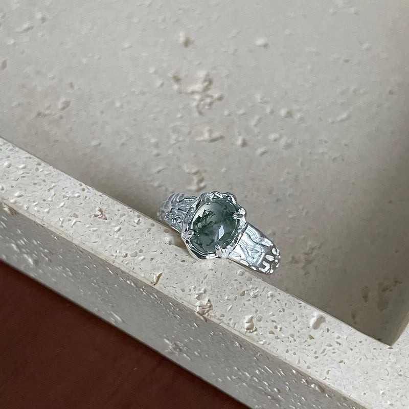 Feng Shui Grass Agate Sterling Silver Ring For Women