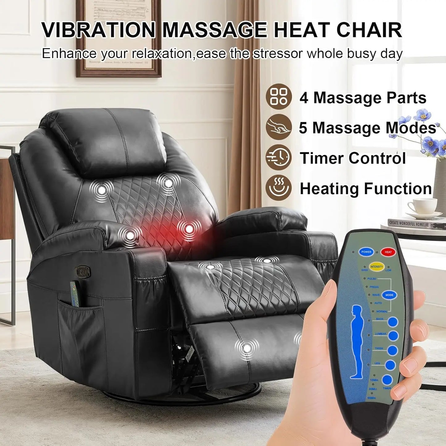 Power Swivel Rocker Recliner Chair With Heat Massage