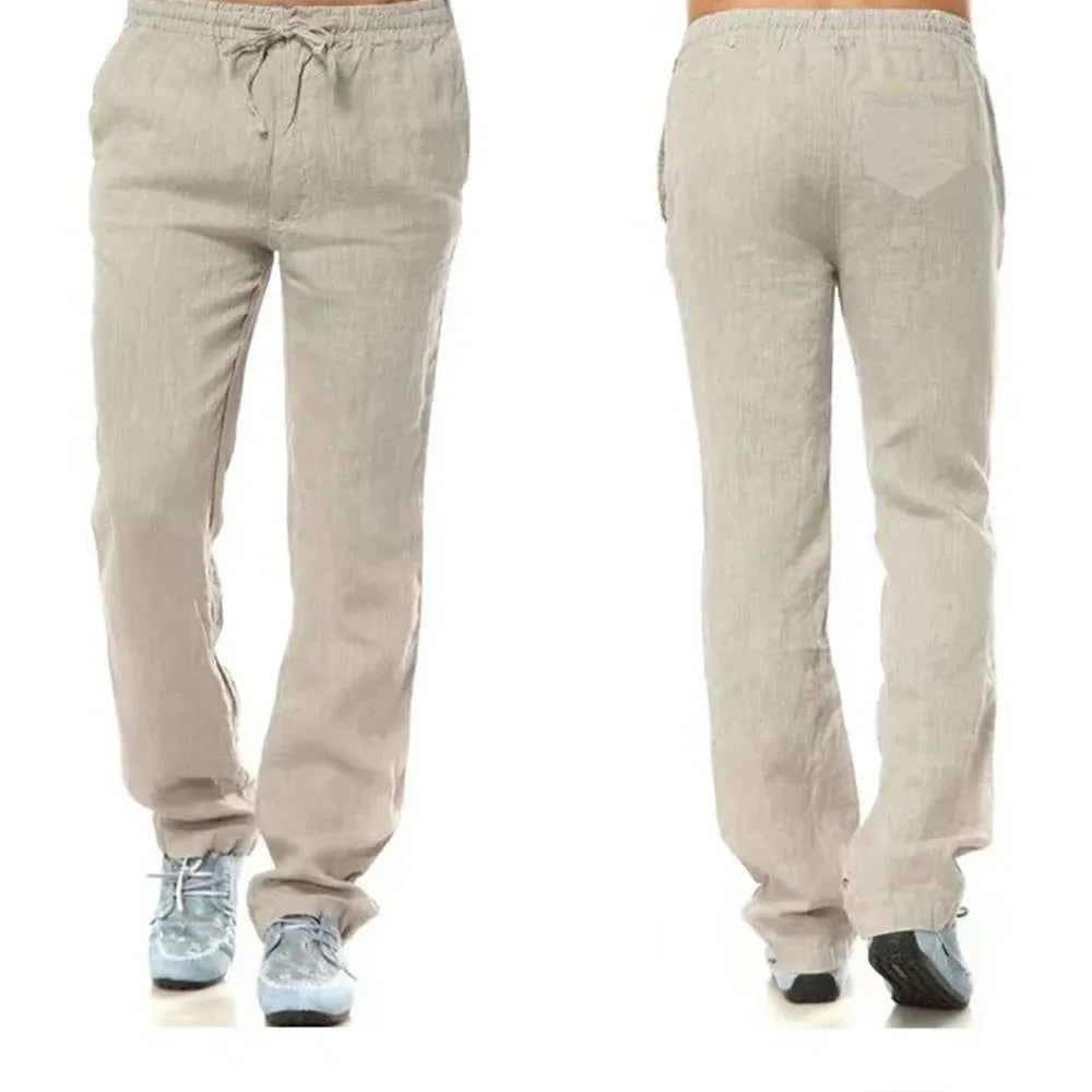 Men's Cotton Linen Pants Autumn Breathable Flat Front Trousers