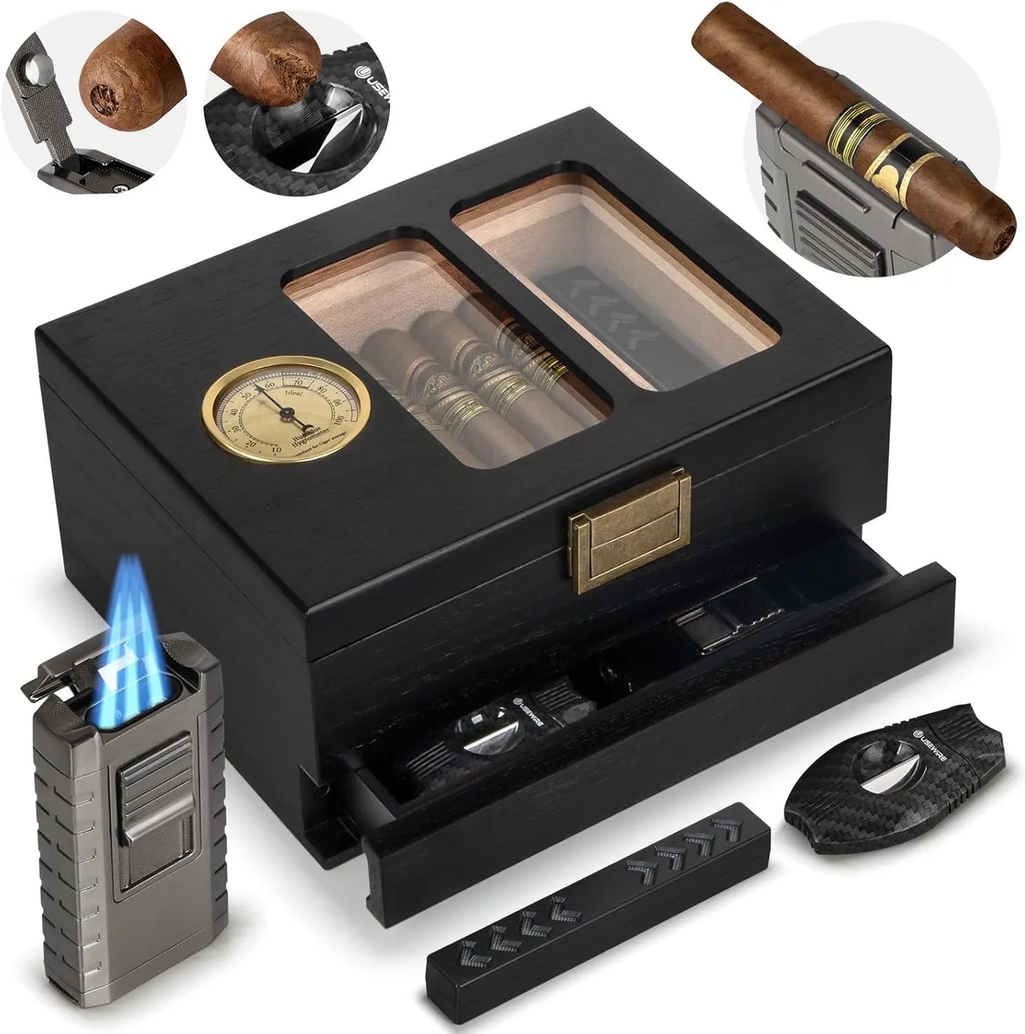 UseWire Cedar Wood Cigar Humidor Glass Top Premium 20-35 Cigars