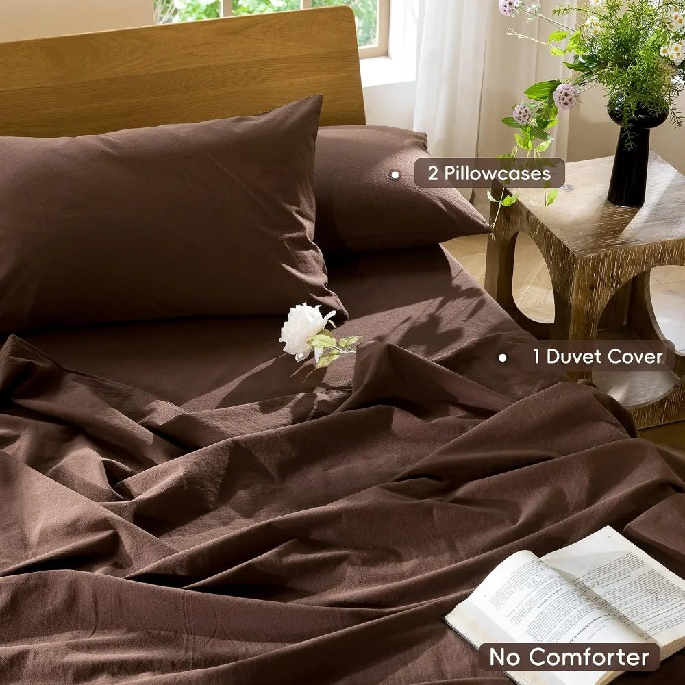 Washed Cotton Duvet Cover Set Linen Like Texture Breathable Soft