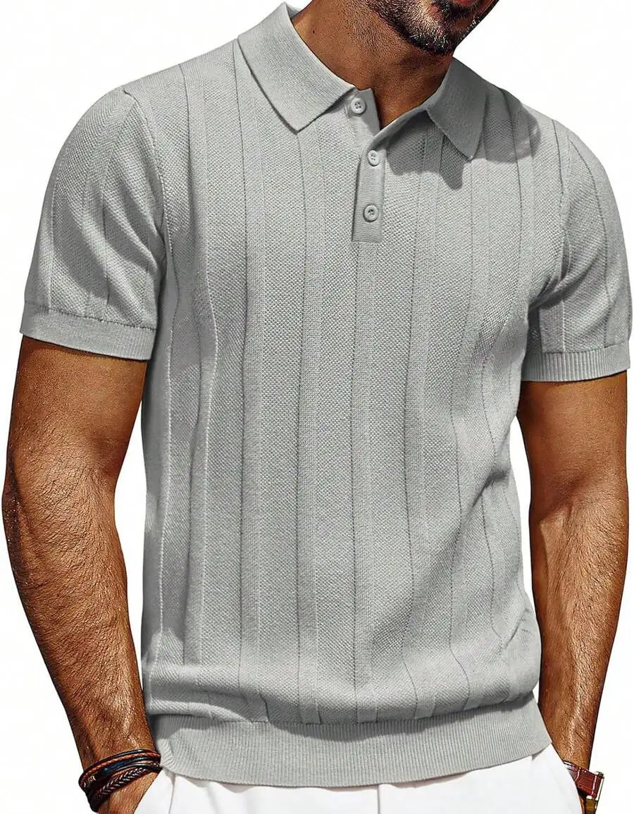 Men's Short Sleeve Textured Knit Shirt Ribbed Golf Top