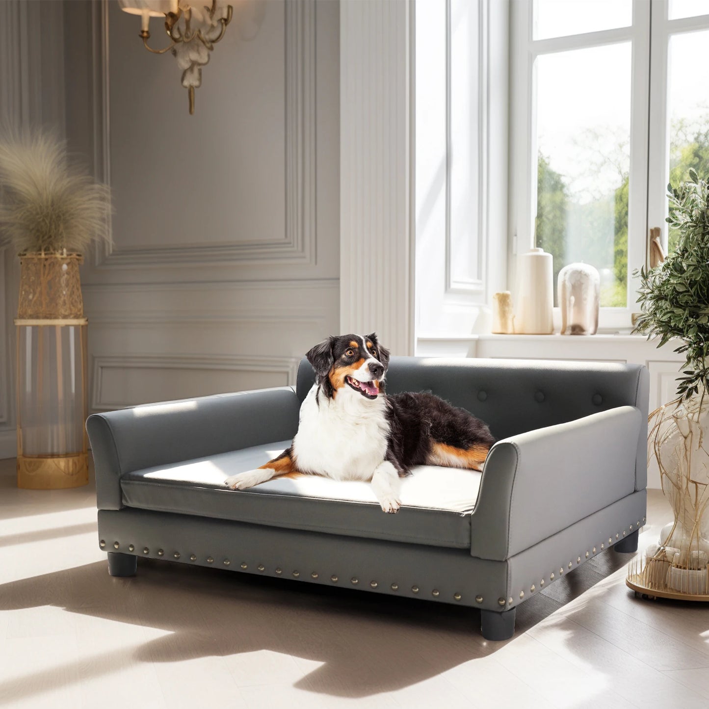 Elevated Dog Sofa w/ Microfiber Leather Cover