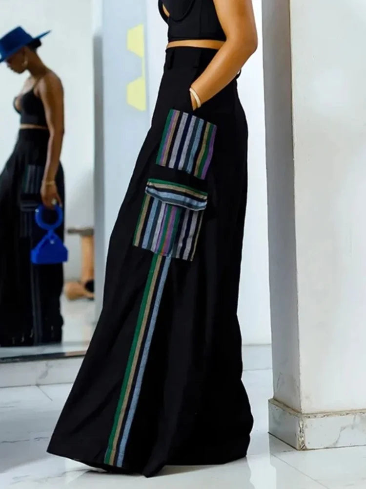 OSHOPLIVECN Womens Street Style Pocket Stripe Pants Loose